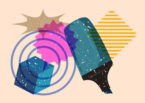 Risograph Felt Tip Pen with speech bubble with geometric shapes. Objects in.. Stock Illustration