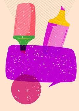 Risograph Felt Tip Pen with speech bubble with geometric shapes. Objects in.. Stock Illustration