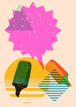 Risograph Felt Tip Pen with speech bubble with geometric shapes. Objects in.. 스톡 일러스트