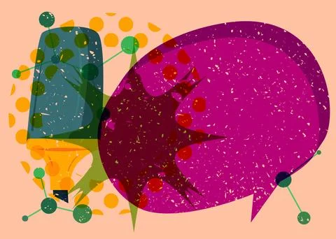 Risograph Felt Tip Pen with speech bubble with geometric shapes. Objects in.. Stock Illustration