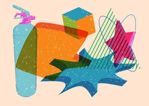 Risograph Fire Extinguisher with speech bubble with geometric shapes. Objec.. Иллюстрация