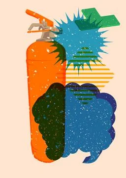Risograph Fire Extinguisher with speech bubble with geometric shapes. Objec.. Illustrazione stock