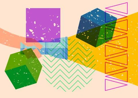 Risograph Flashlight with geometric shapes. Objects in trendy riso graph pr.. Illustration