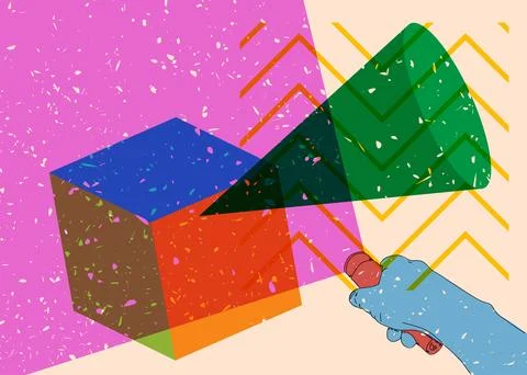 Risograph Flashlight with geometric shapes. Objects in trendy riso graph pr.. Illustration