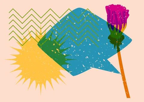 Risograph flower with speech bubble and geometric shapes. Botany object in .. Stock Illustration