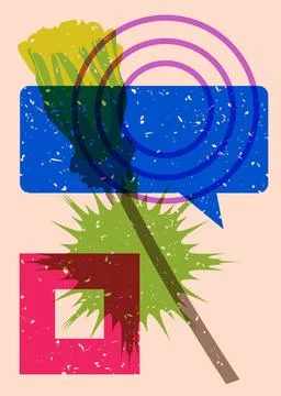 Risograph flower with speech bubble and geometric shapes. Botany object in .. Stock Illustration
