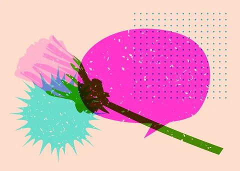 Risograph flower with speech bubble and geometric shapes. Botany object in .. Stock Illustration