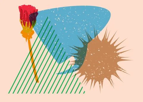 Risograph flower with speech bubble and geometric shapes. Botany object in .. Stock Illustration
