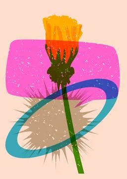 Risograph flower with speech bubble and geometric shapes. Botany object in .. Stock Illustration