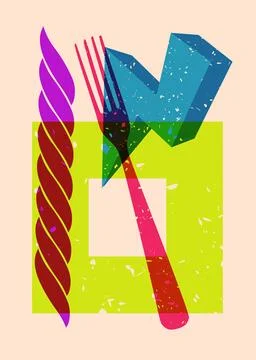 Risograph fork with geometric shapes. Objects in trendy riso graph print te.. Illustrazione stock