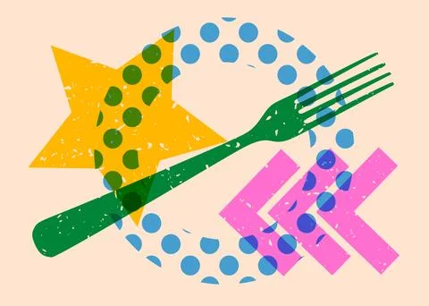 Risograph fork with geometric shapes. Objects in trendy riso graph print te.. 스톡 일러스트