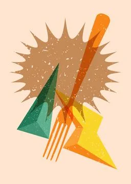 Risograph fork with geometric shapes. Objects in trendy riso graph print te.. Stock Illustration