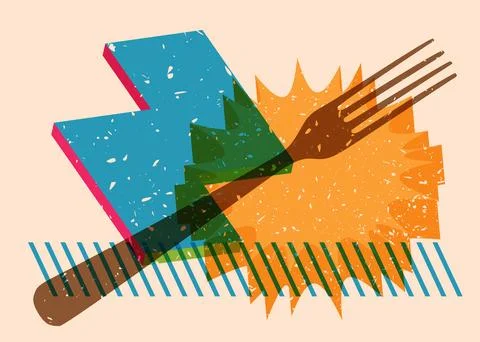 Risograph fork with geometric shapes. Objects in trendy riso graph print te.. 스톡 일러스트