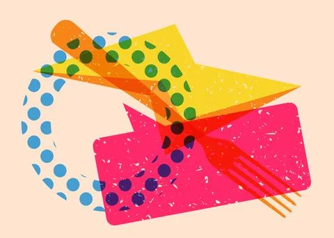 Risograph fork with speech bubble with geometric shapes. Objects in trendy .. Stock Illustration