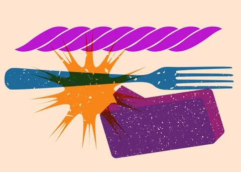 Risograph fork with speech bubble with geometric shapes. Objects in trendy .. Stock Illustration