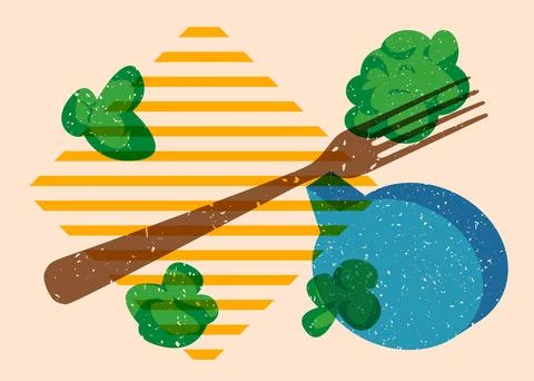 Risograph fork with speech bubble with geometric shapes. Objects in trendy .. Stock Illustration