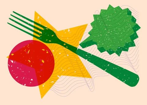 Risograph fork with speech bubble with geometric shapes. Objects in trendy .. Stock Illustration