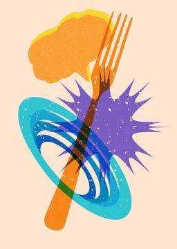 Risograph fork with speech bubble with geometric shapes. Objects in trendy .. Stock Illustration