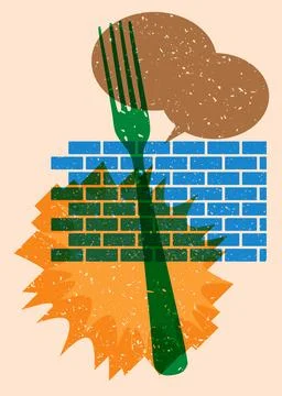 Risograph fork with speech bubble with geometric shapes. Objects in trendy .. Stock Illustration