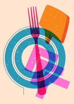 Risograph fork with speech bubble with geometric shapes. Objects in trendy .. Stock Illustration