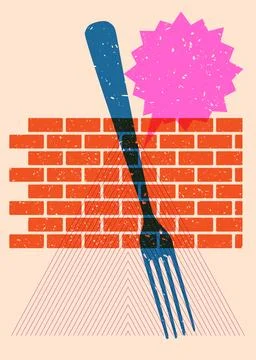 Risograph fork with speech bubble with geometric shapes. Objects in trendy .. Stock Illustration