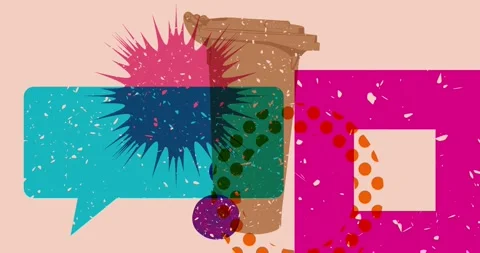 Risograph garbage bin and speech bubble with geometric elements Stock Footage 272818520