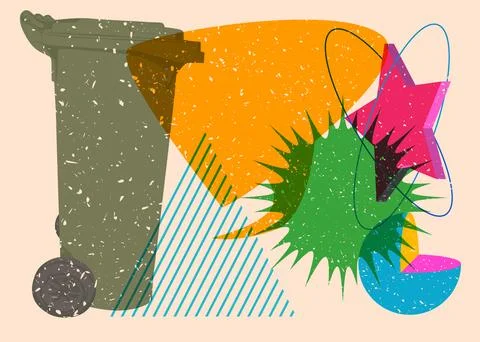 Risograph Garbage Bin with speech bubble with geometric shapes. Objects in .. Stock Illustration