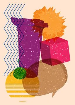 Risograph Garbage Bin with speech bubble with geometric shapes. Objects in .. Illustration