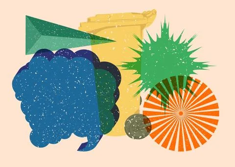 Risograph Garbage Bin with speech bubble with geometric shapes. Objects in .. 库存插图