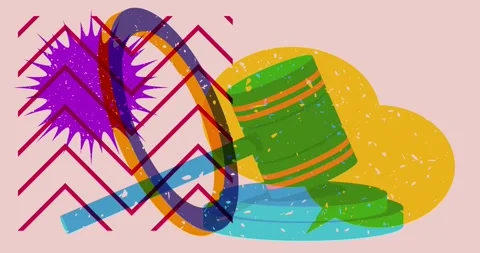 Risograph Gavel and speech bubble with geometric elements Stock Footage 308766291