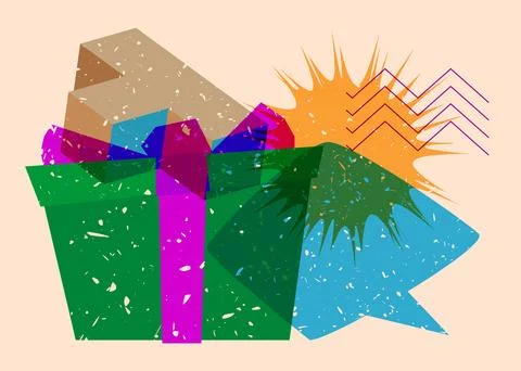 Risograph gift box with speech bubble with geometric shapes. Holiday object.. Stock Illustration
