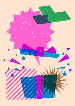 Risograph gift box with speech bubble with geometric shapes. Holiday object.. Иллюстрация