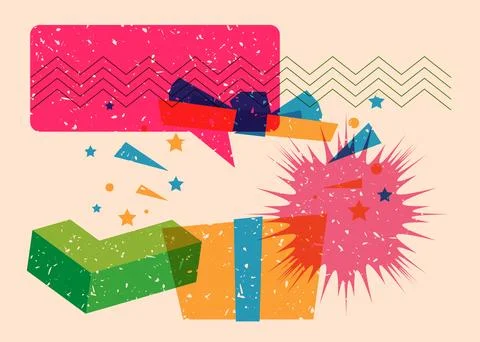 Risograph gift box with speech bubble with geometric shapes. Holiday object.. Stock Illustration