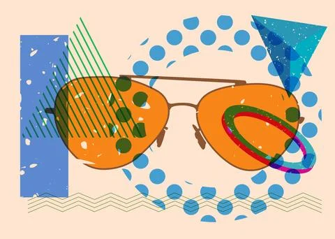 Risograph Glasses with geometric shapes. Objects in trendy riso graph print.. Stock Illustration