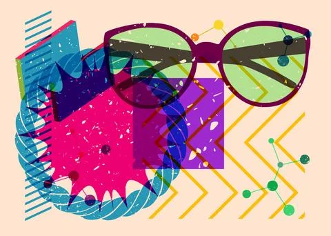 Risograph Glasses with geometric shapes. Objects in trendy riso graph print.. Stock Illustration
