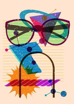 Risograph Glasses with geometric shapes. Objects in trendy riso graph print.. Stock Illustration
