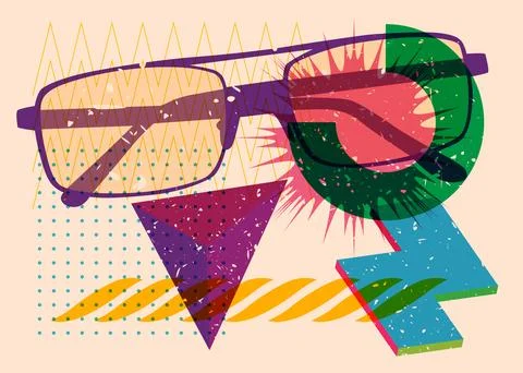 Risograph Glasses with geometric shapes. Objects in trendy riso graph print.. Stock Illustration