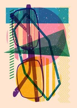Risograph Glasses with geometric shapes. Objects in trendy riso graph print.. Stock Illustration