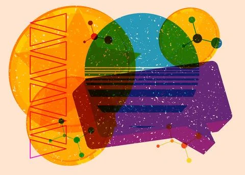 Risograph Gold Coin with speech bubble with geometric shapes. Objects in tr.. Illustrazione stock