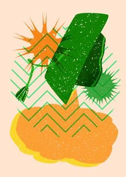 Risograph graduate hat with speech bubble with geometric shapes. Objects in.. Иллюстрация