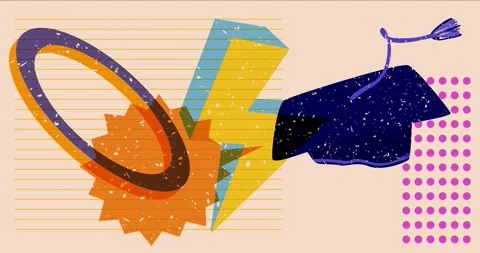 Risograph graduation cap and speech bubble with geometric elements video Stock Footage 276300694