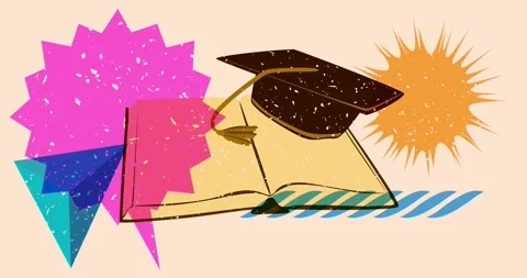 Risograph Graduation cap on book and speech bubble with geometric elements v Stock Footage 277011082