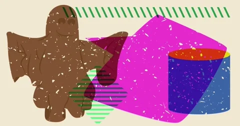 Risograph Halloween Ghost and speech bubble with simple geometric shapes Stock Footage 253137381