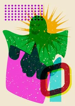 Risograph Halloween Ghost with Speech Bubble and geometric shapes. Holiday .. Stock Illustration