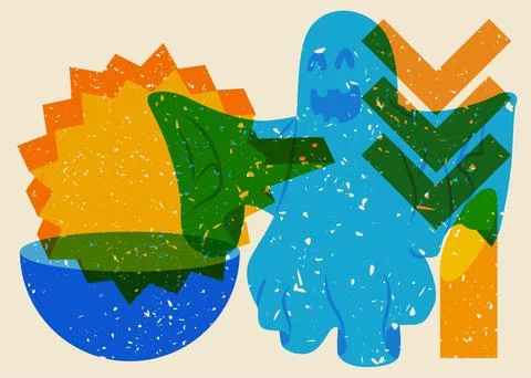 Risograph Halloween Ghost with Speech Bubble and geometric shapes. Holiday .. Illustration