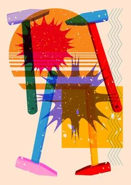 Risograph Hammer with geometric shapes. Objects in trendy riso graph print .. Illustrazione stock