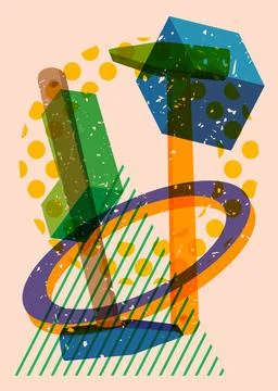 Risograph Hammer with geometric shapes. Objects in trendy riso graph print .. Illustration