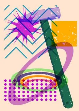 Risograph Hammer with geometric shapes. Objects in trendy riso graph print .. Stock Illustration