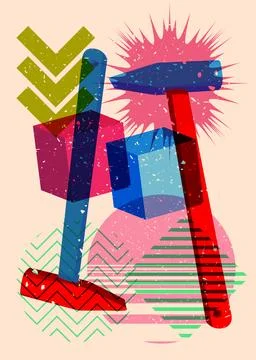 Risograph Hammer with geometric shapes. Objects in trendy riso graph print .. Иллюстрация