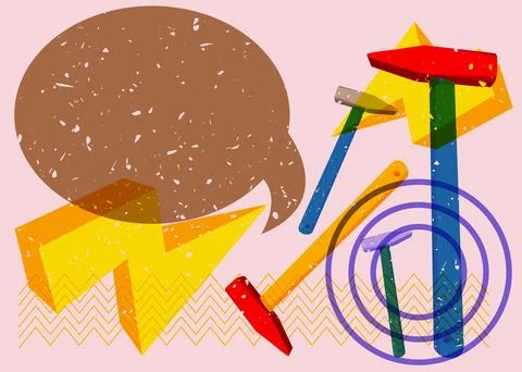 Risograph Hammer with speech bubble with geometric shapes. Objects in trend.. 库存插图